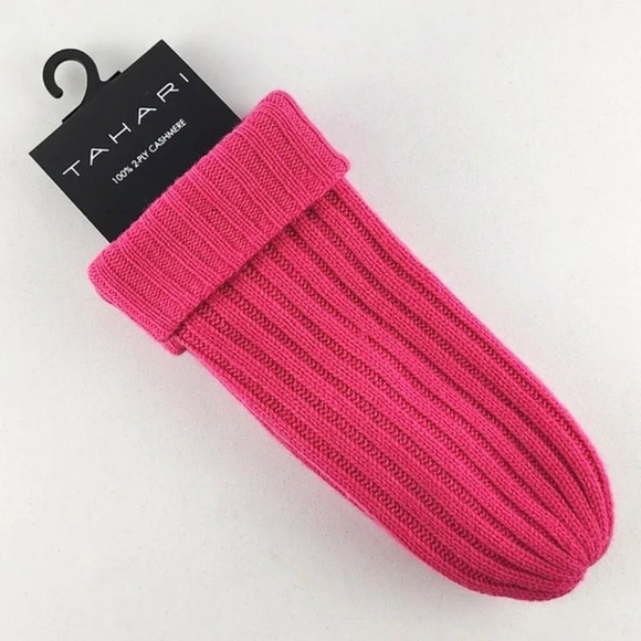 TAHARI Women's 100% 2 Ply Cashmere Hot Pink Ribbed Knit Mitts Size M/L - Picture 2 of 7